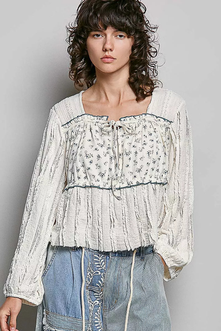 CREAM Square neck balloon sleeve boho top with floral panel