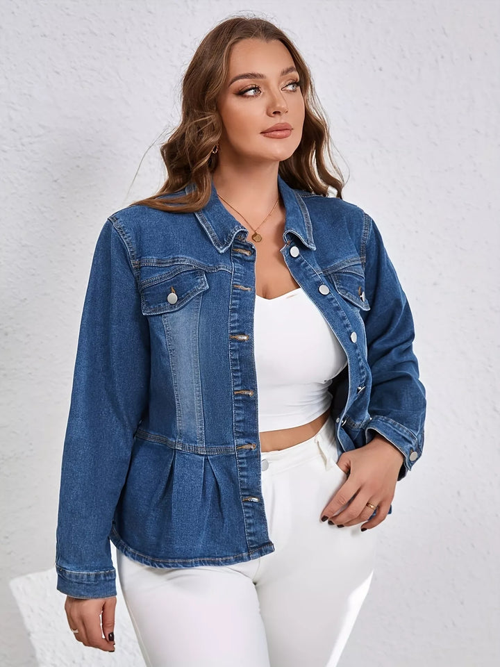 Ruched peplum denim jacket with button-up front