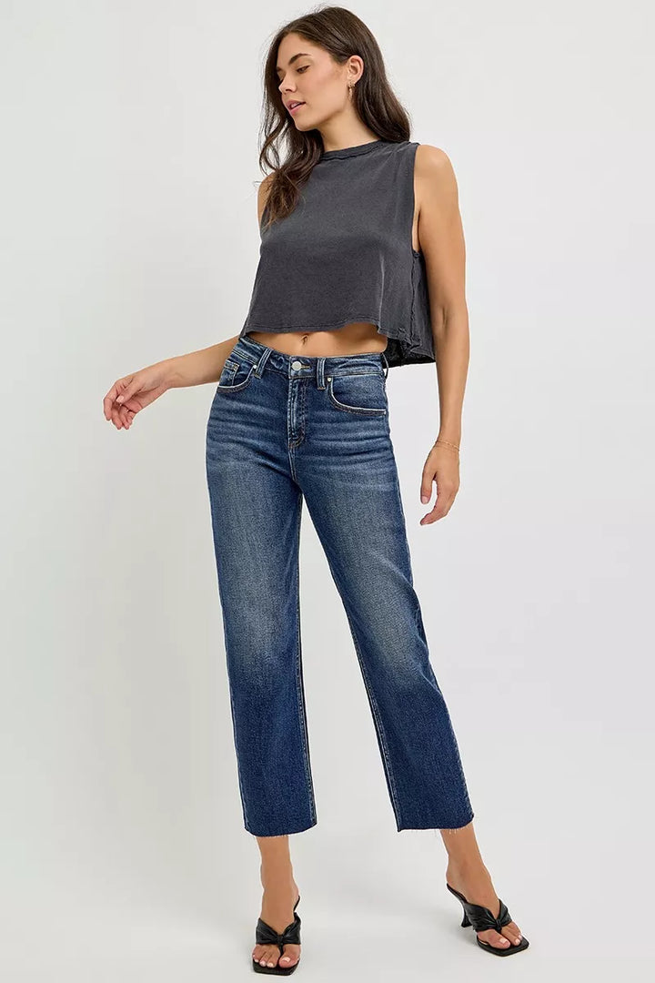 High rise slim barrel jeans with raw frayed hem