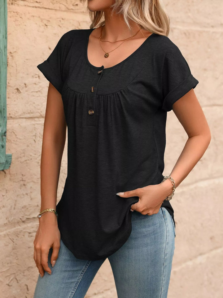 Ruched button-placket henley top with cap sleeves