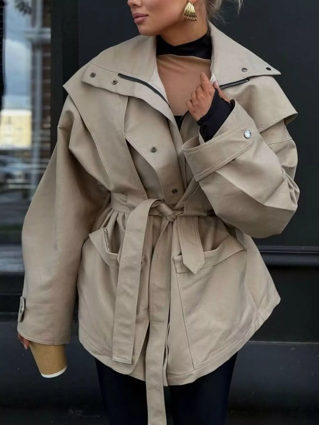 Khaki Oversized collar tie-waist snap-front trench coat