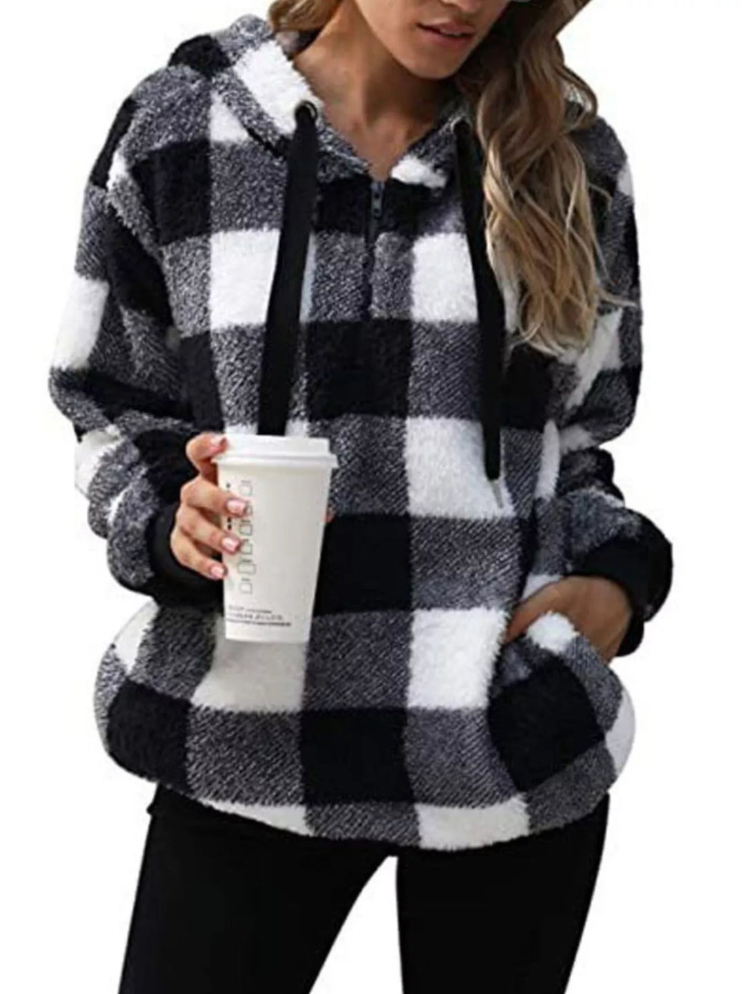 Black Plaid sherpa quarter-zip hoodie with front pocket