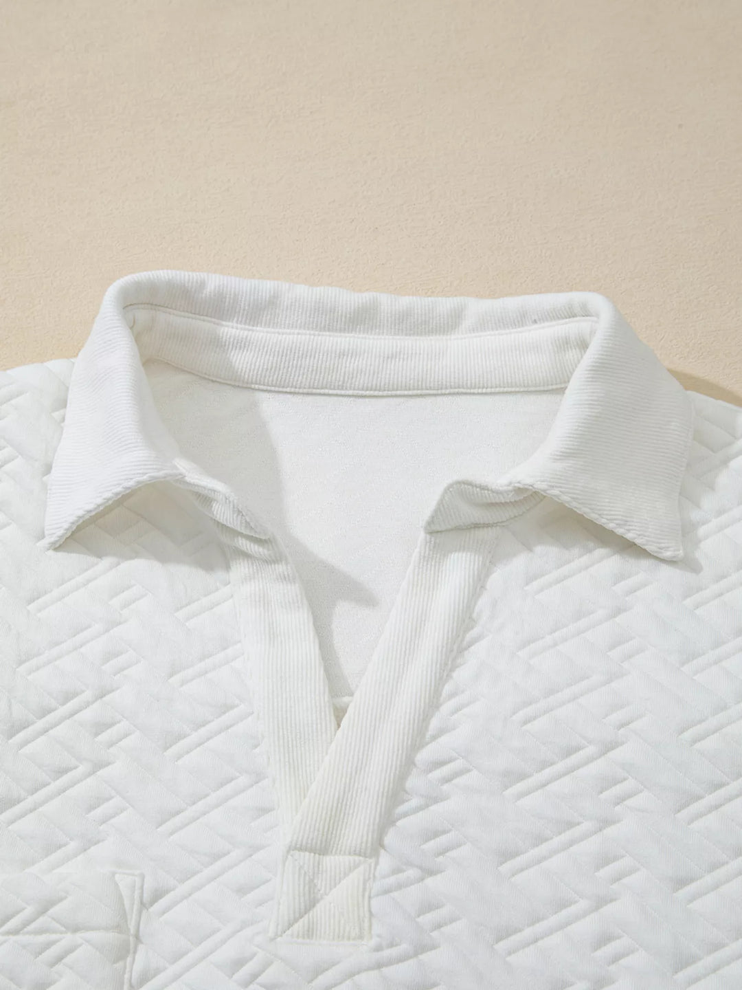 Textured basketweave johnny collar pullover sweatshirt