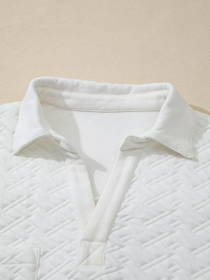 Textured basketweave johnny collar pullover sweatshirt