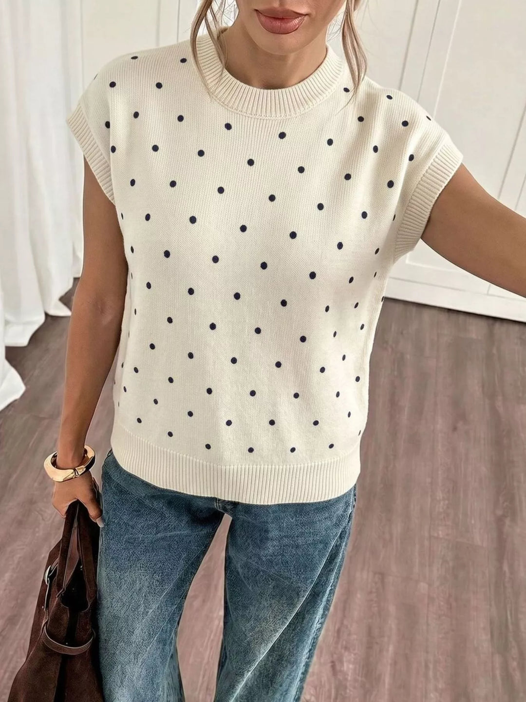 Polka dot short sleeve knit sweater with ribbed trim