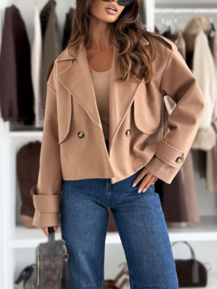 Khaki Double-breasted cropped coat with notch lapels and button cuffs