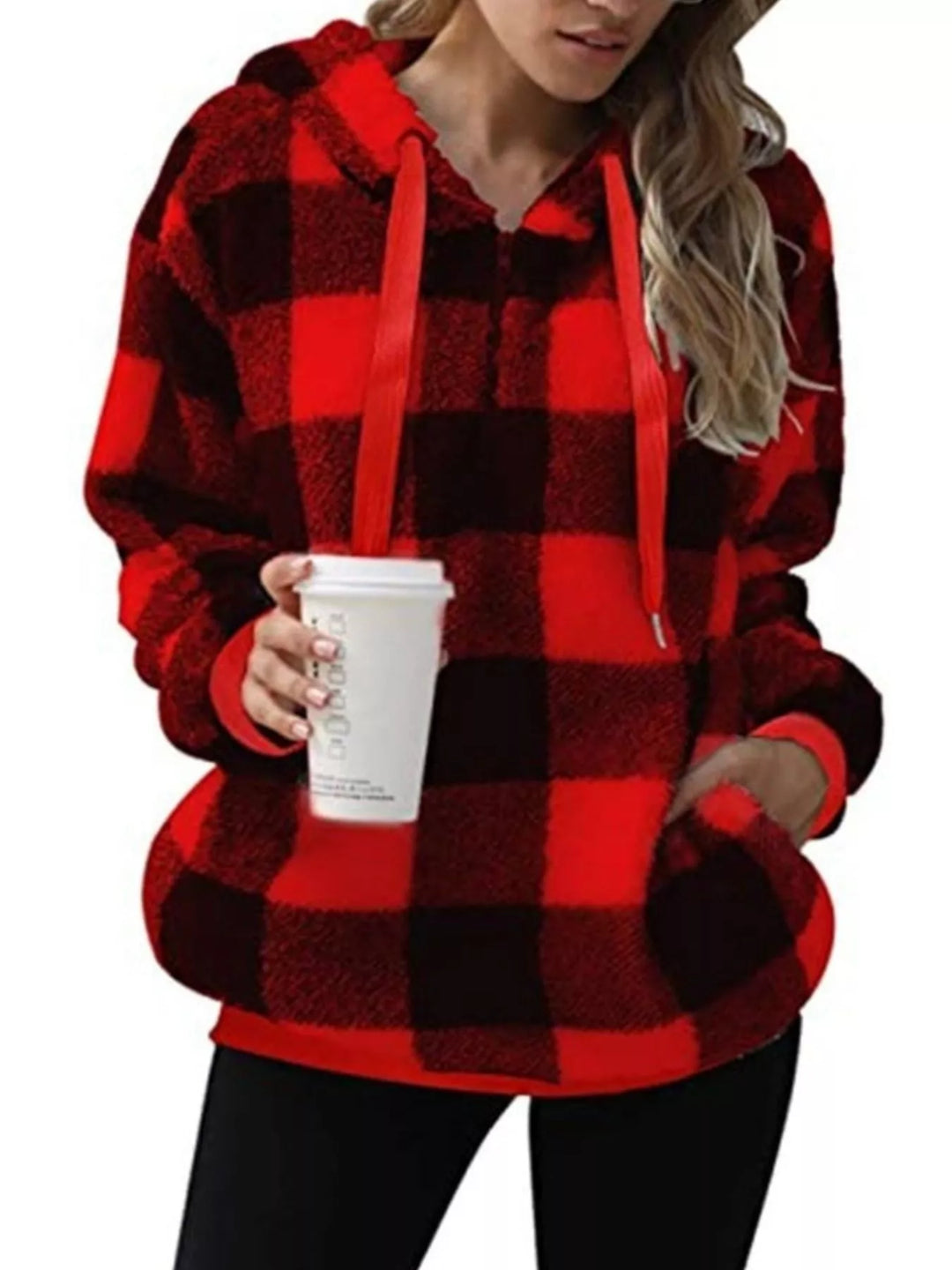 Red Plaid sherpa quarter-zip hoodie with front pocket