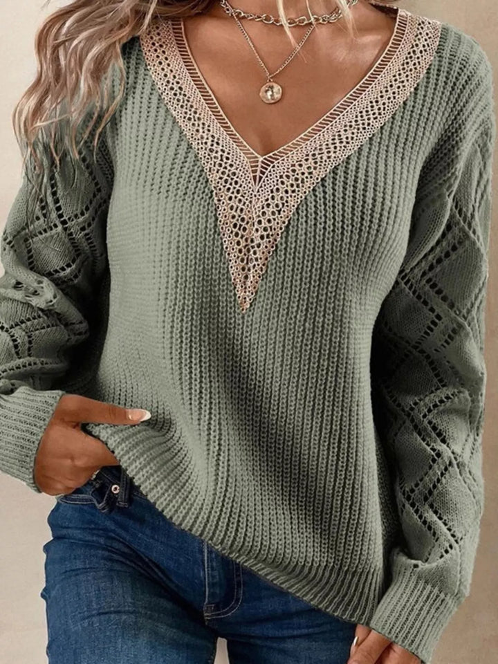 Olive Green Openwork knit sweater with lace V-neck and diamond sleeves