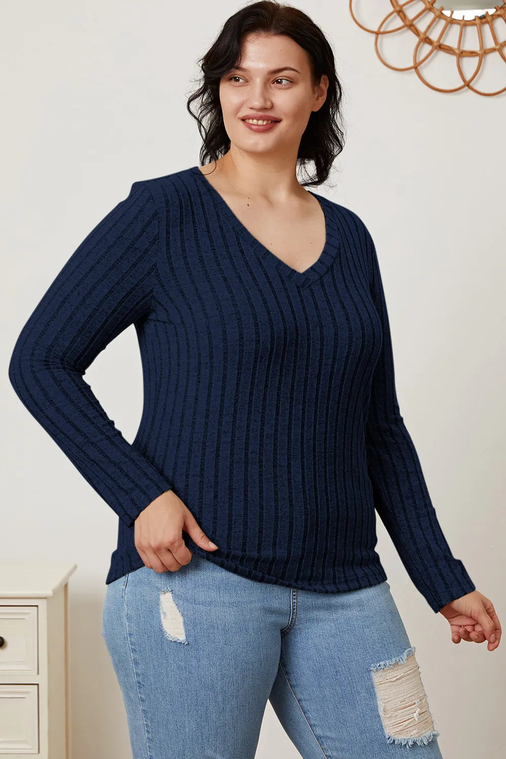 Ribbed v-neck long sleeve knit top