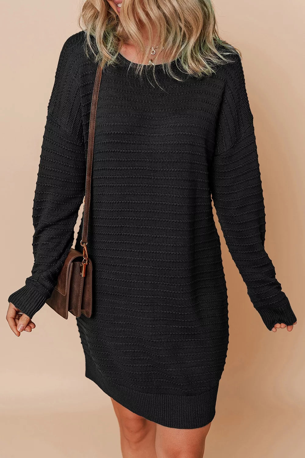 Black Textured rib knit dolman sleeve mini sweater dress