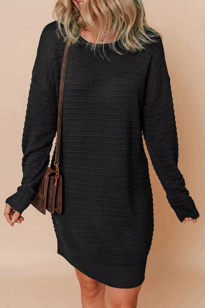 Black Textured rib knit dolman sleeve mini sweater dress