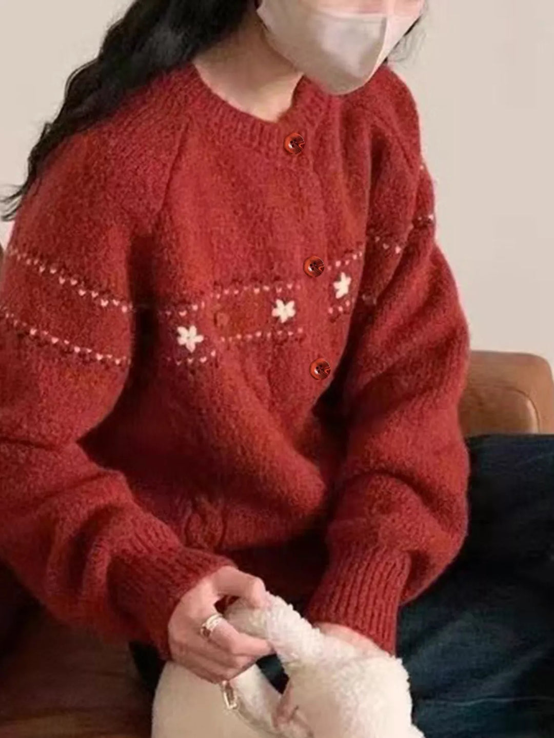 Floral embroidered cable-knit button-up cardigan