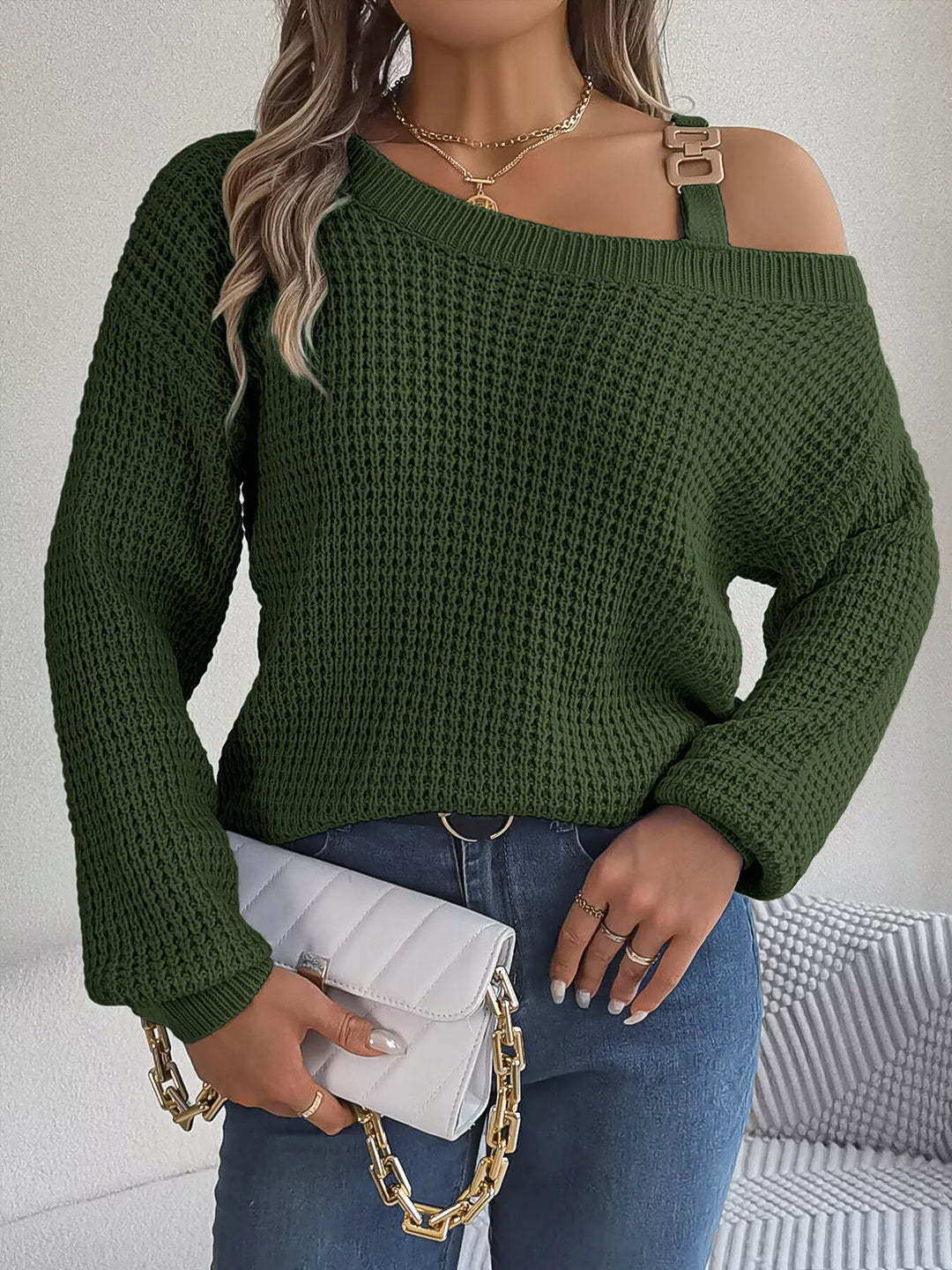 Black Forest Asymmetrical cold-shoulder openwork knit sweater with chain strap