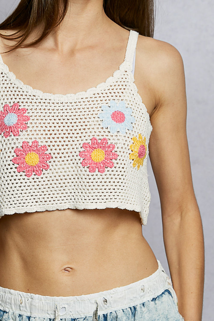 Crochet cropped cami with daisy floral embroidery