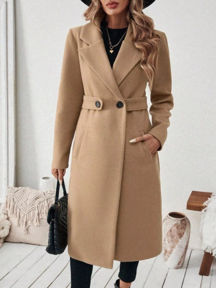 Beige Notched lapel belted longline coat with side pockets