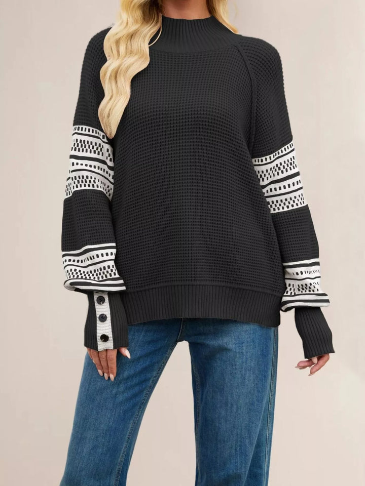 Black Color-block waffle knit mock neck sweater with button cuffs