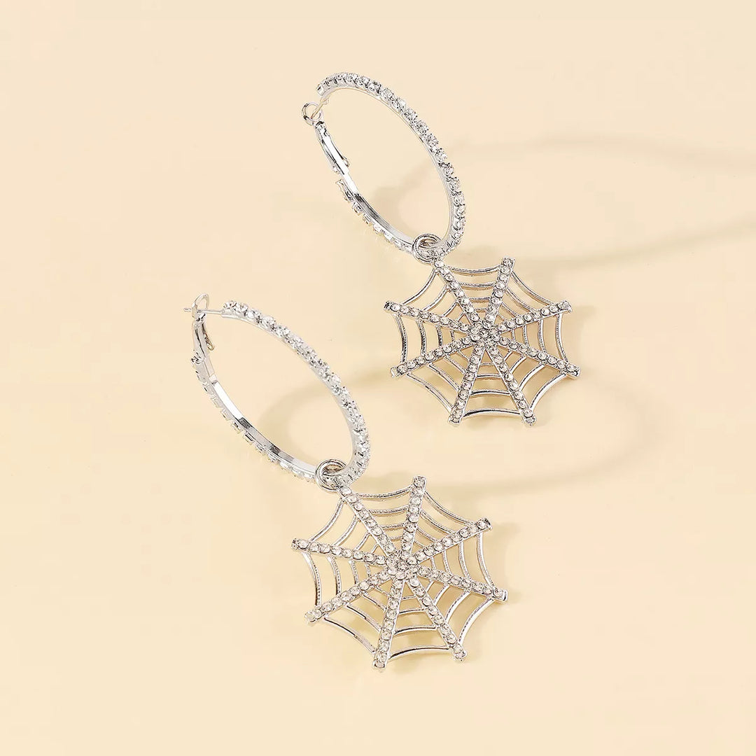 Rhinestone spider web dangle hoop earrings