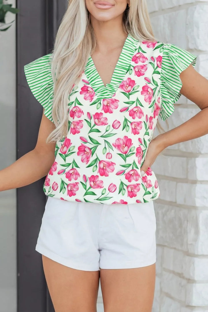 Floral Floral print V-neck blouse with striped ruffle sleeves