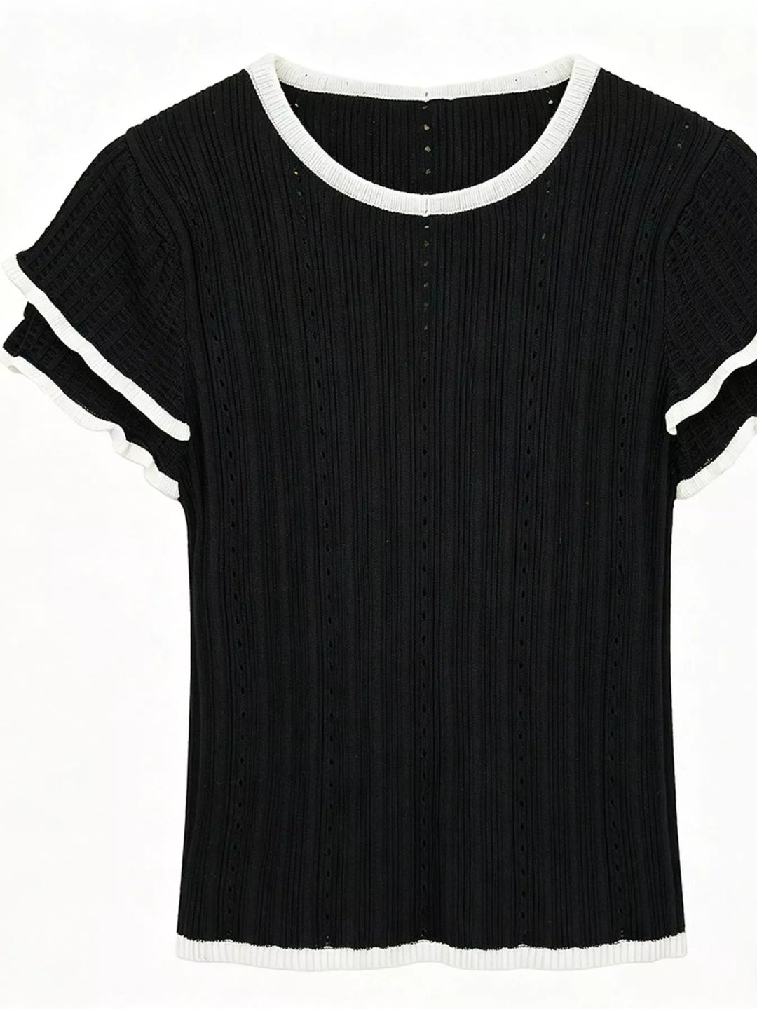Ribbed knit crop top with Peter Pan collar and ruffle sleeves