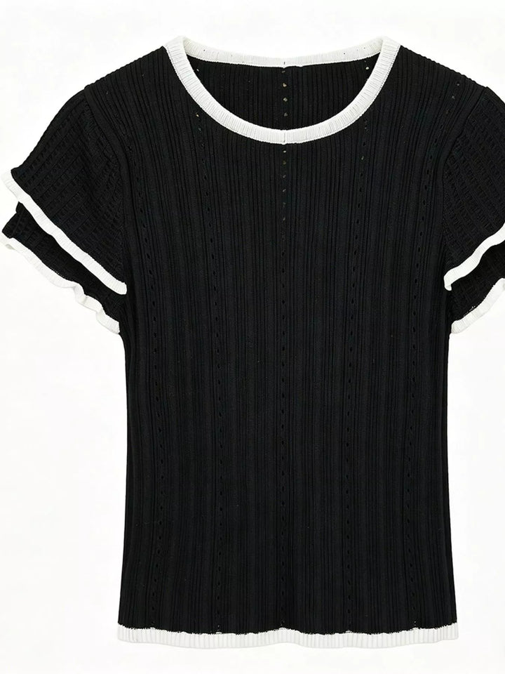 Ribbed knit crop top with Peter Pan collar and ruffle sleeves