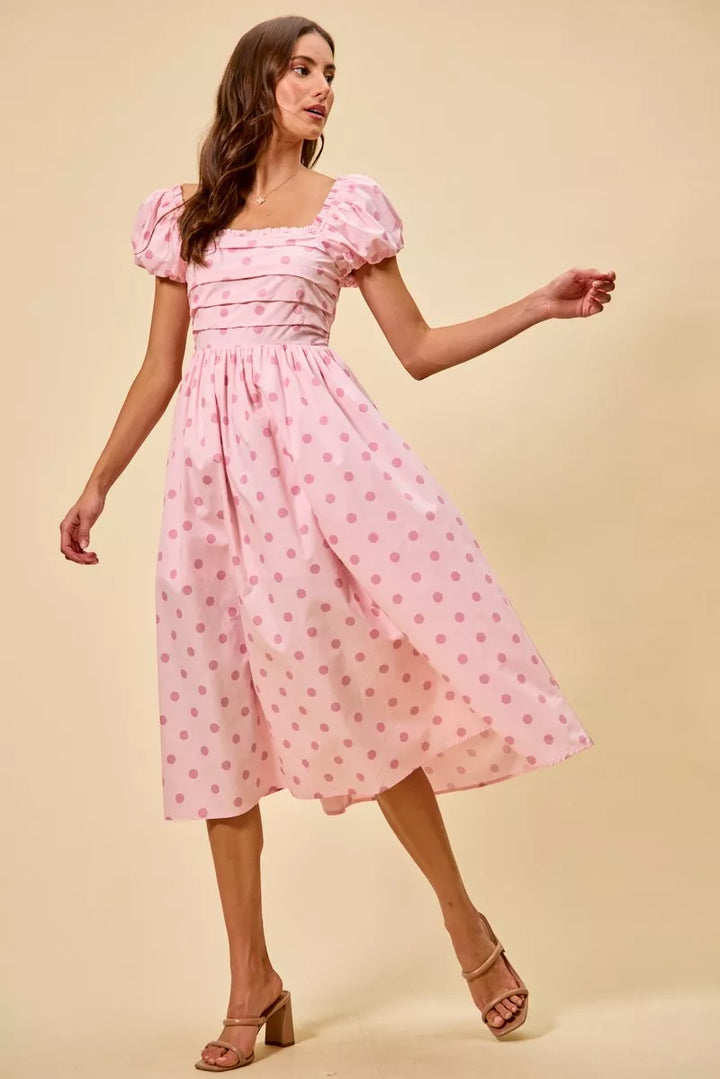 PINK Polka dot puff sleeve midi dress with pleated bodice