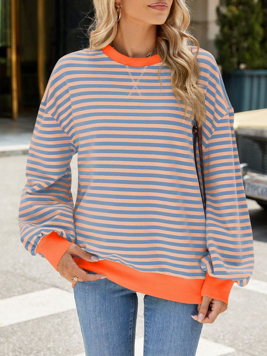Striped crew neck sweatshirt with contrast ribbed trim