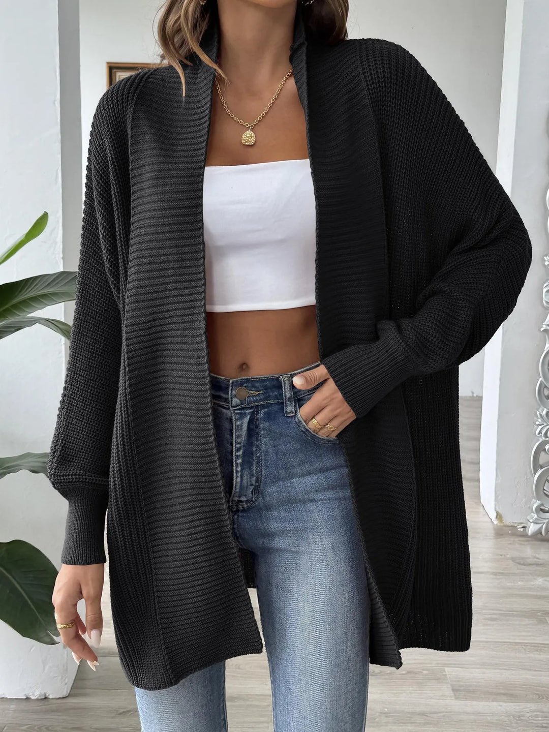 Waffle knit open front cardigan with dolman sleeves