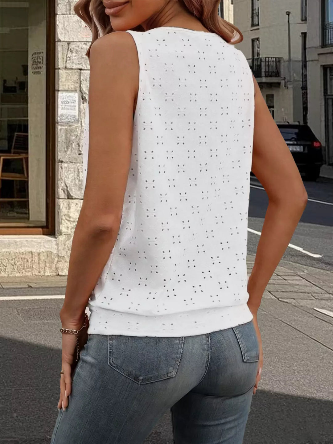 Eyelet sleeveless cami with keyhole neckline and metal ring accent