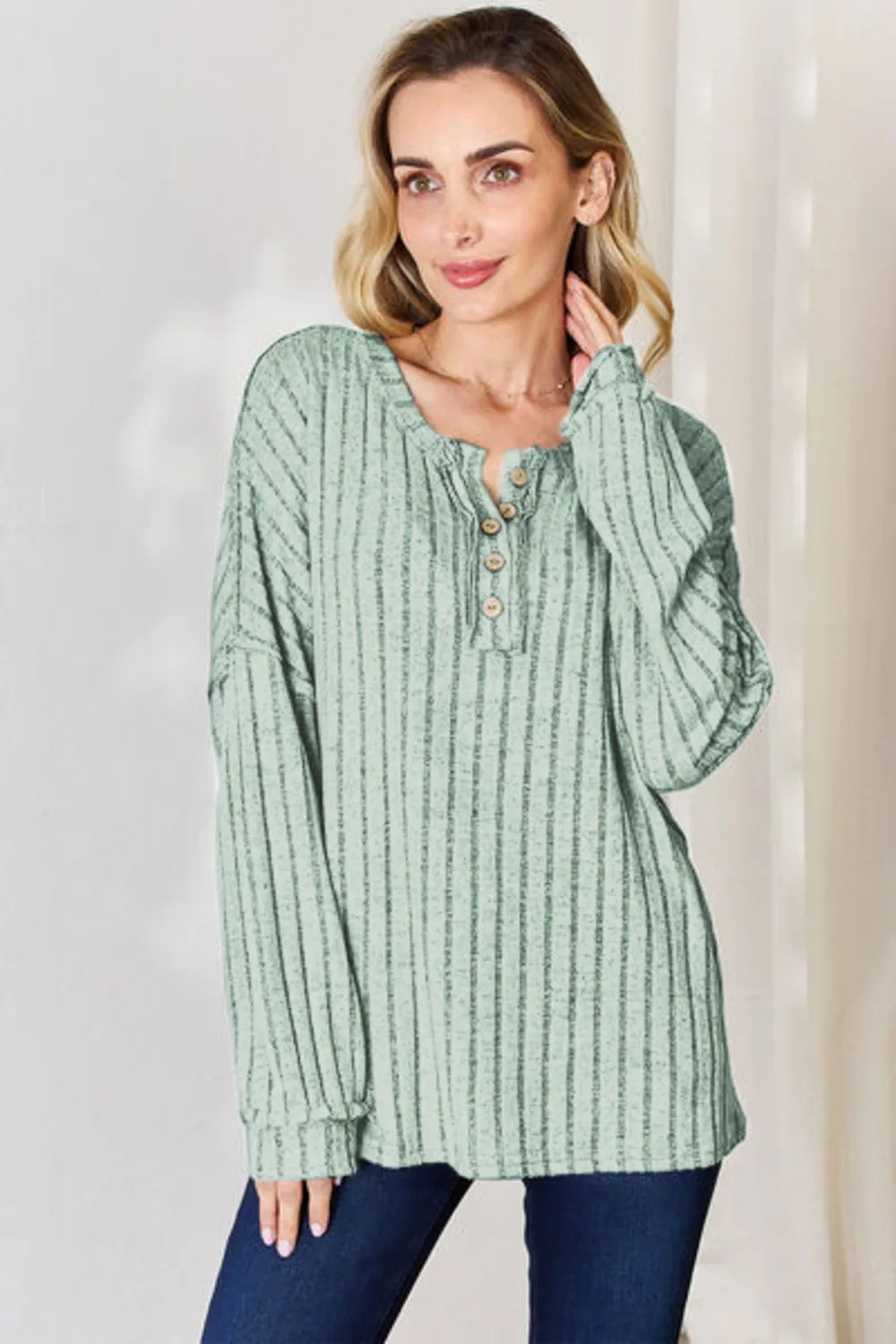 Ribbed knit half-button henley long sleeve top