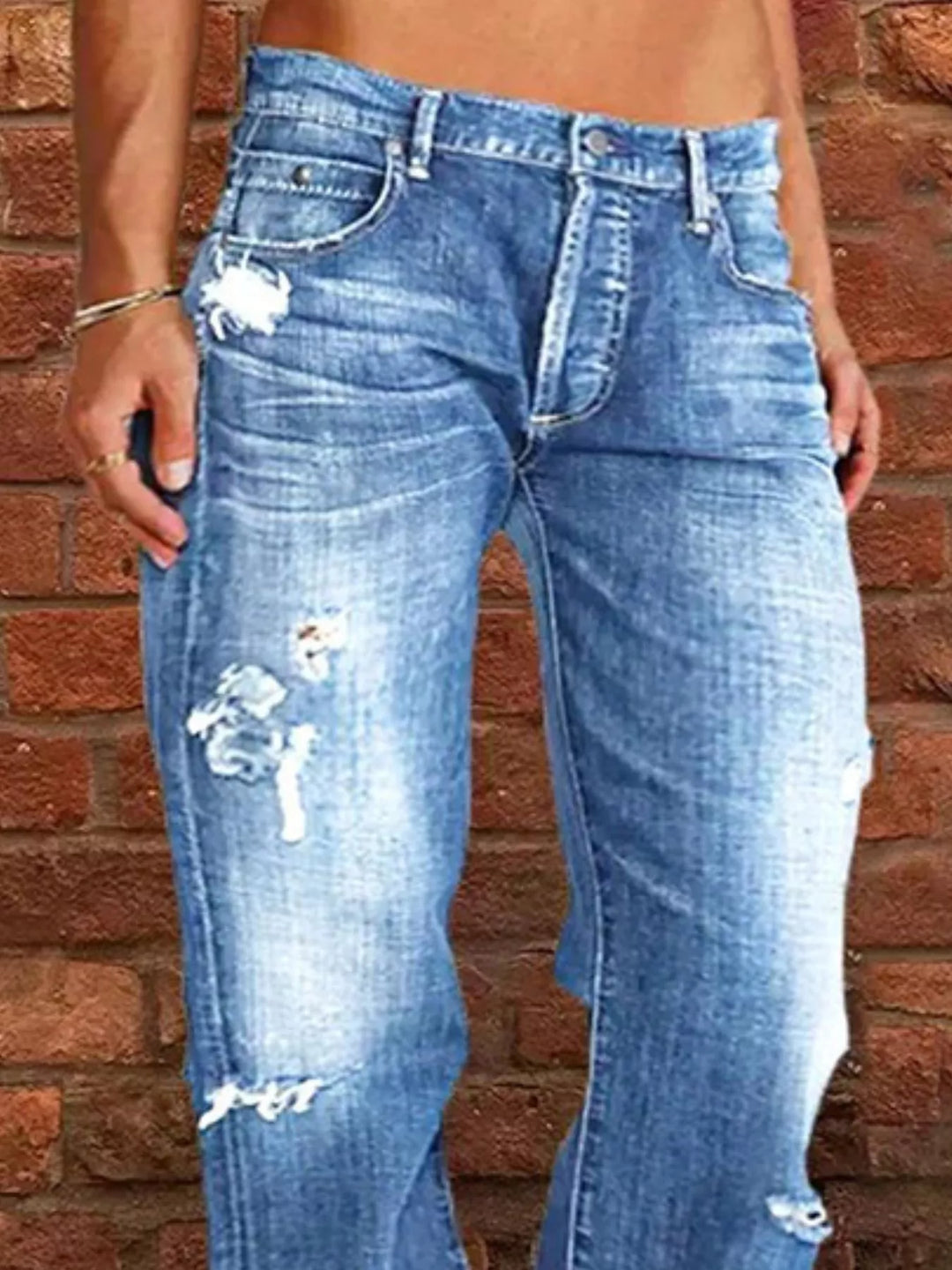 Distressed straight-leg jeans with raw frayed hem