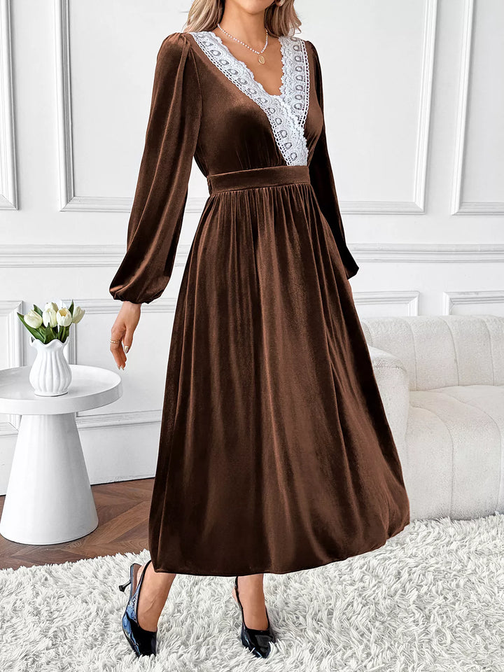 Lace trim velvet midi dress with long puff sleeves