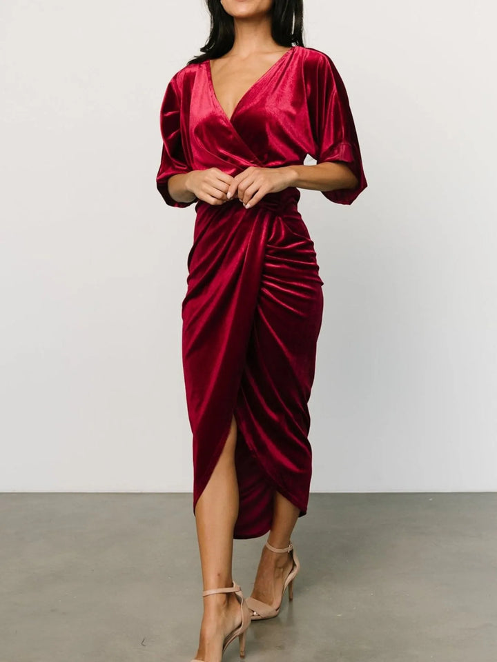 Wine Red Ruched velvet wrap midi dress with surplice v-neck