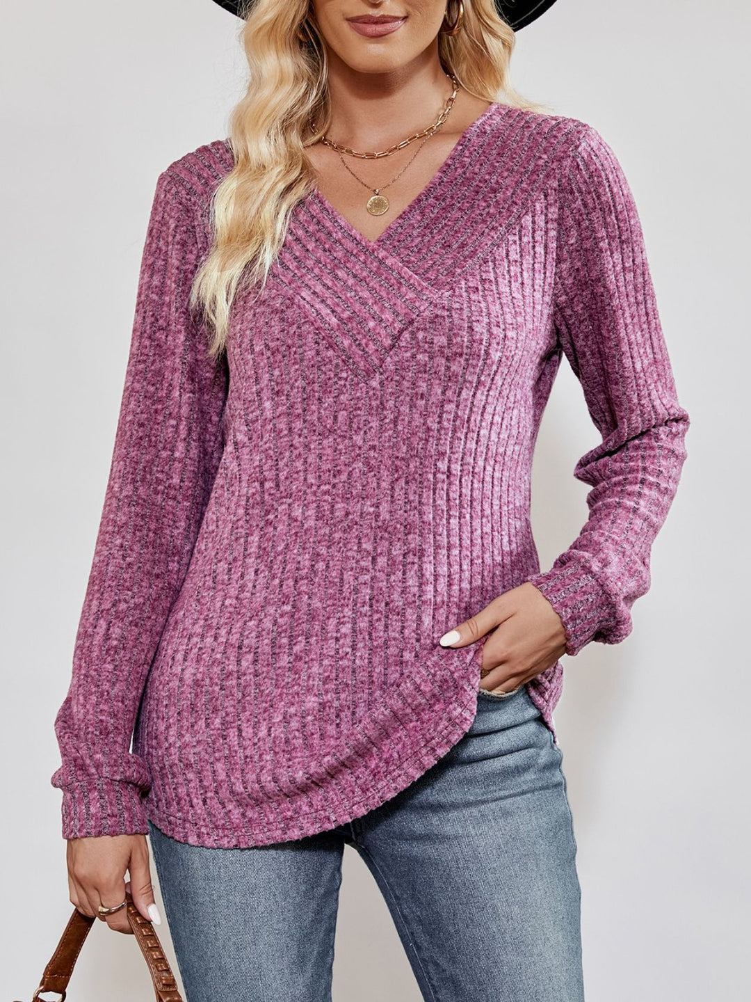 Lilac Ribbed knit crossover V-neck long sleeve top