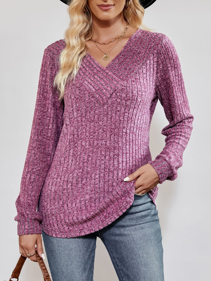 Lilac Ribbed knit crossover V-neck long sleeve top