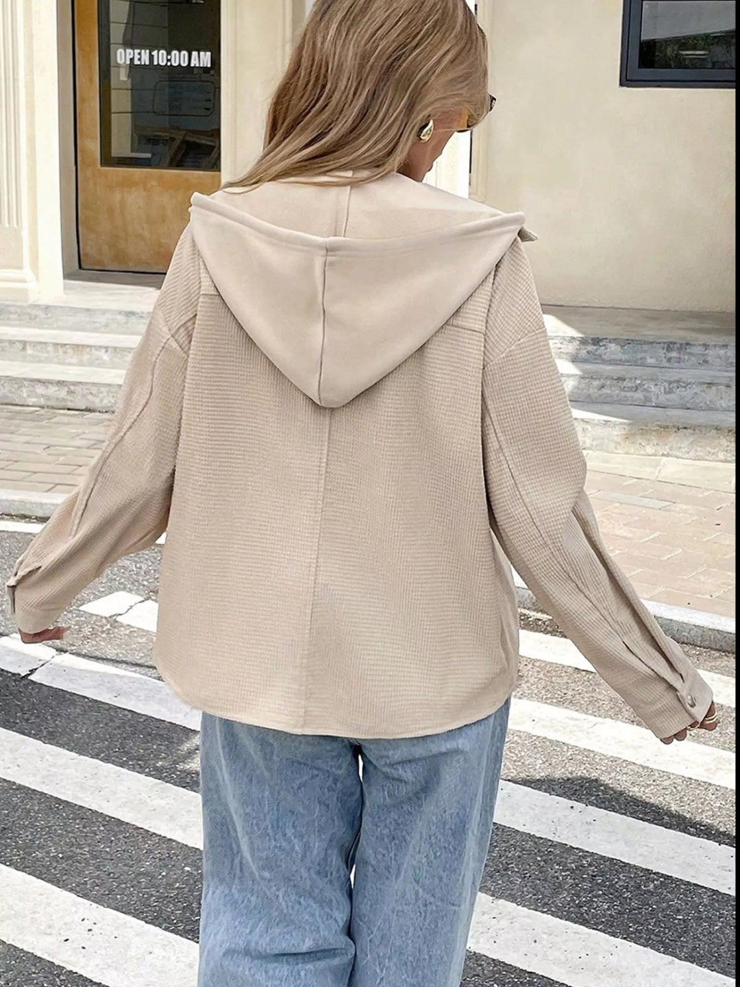 Waffle knit hooded jacket with snap flap pockets