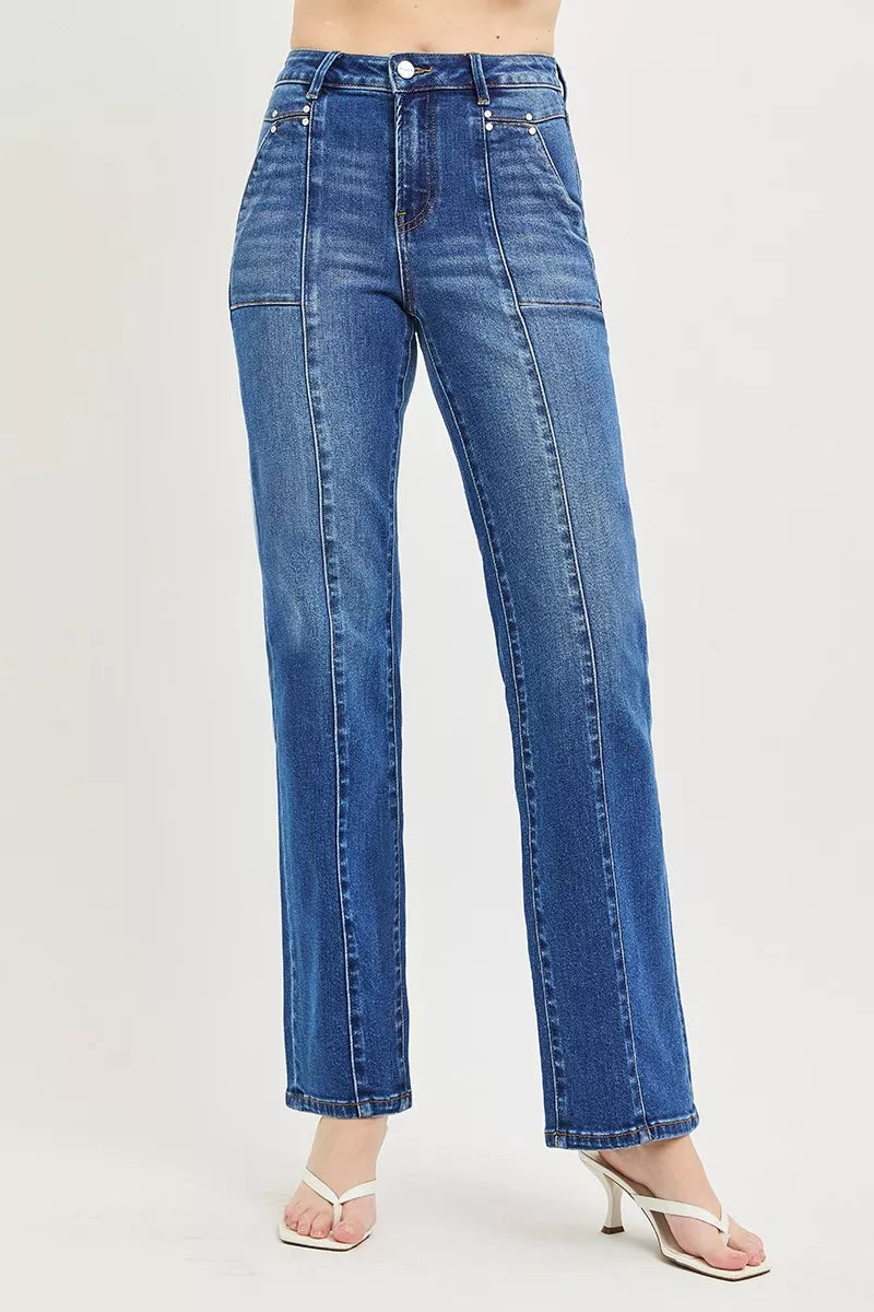 High-rise seamed straight-leg jeans with patch pockets