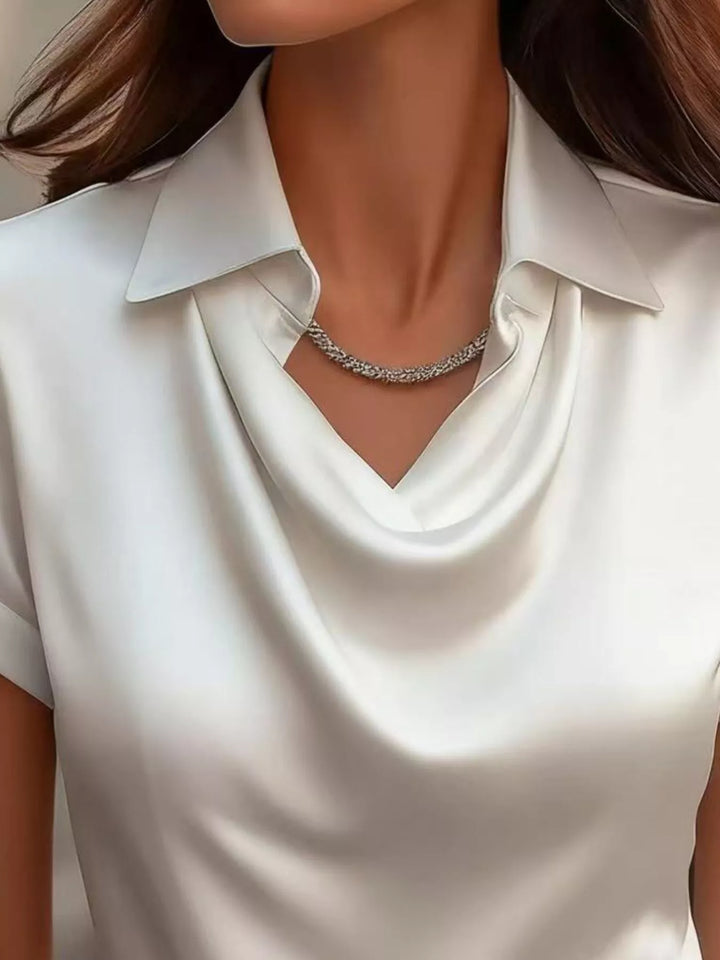 Cowl neck satin blouse with collar and cuffed short sleeves