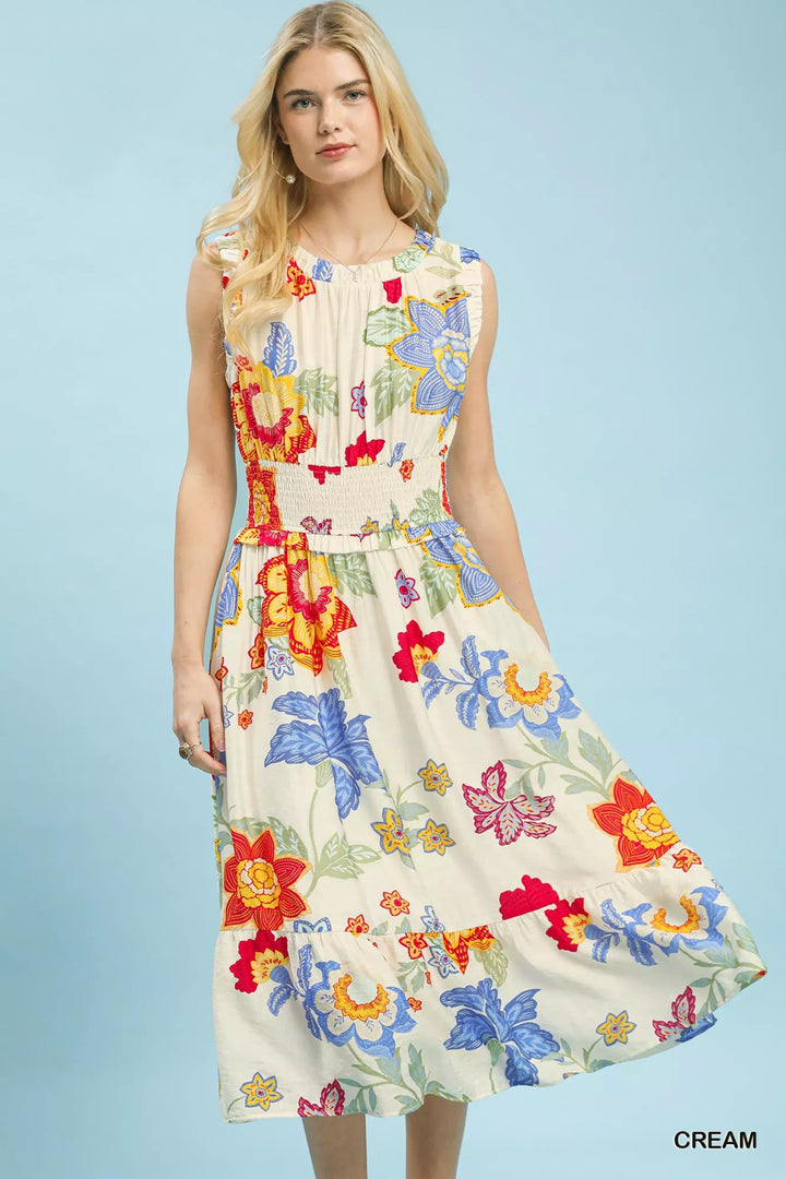 CREAM Sleeveless floral smocked-waist tiered midi dress