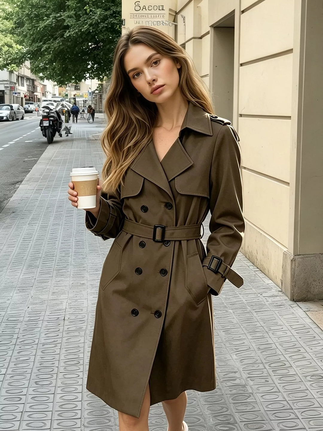 Brown Double-breasted belted trench coat with storm flap