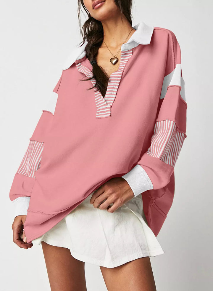 Color block striped Johnny collar sweatshirt with exposed seams