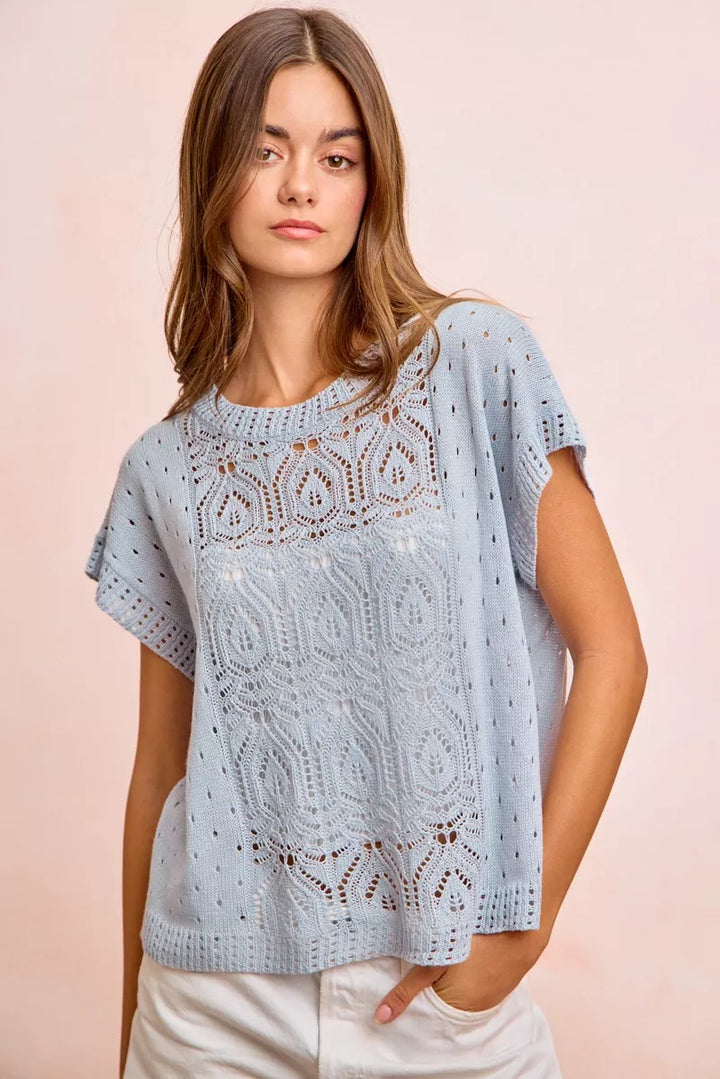 Washed eyelet openwork knit short sleeve top