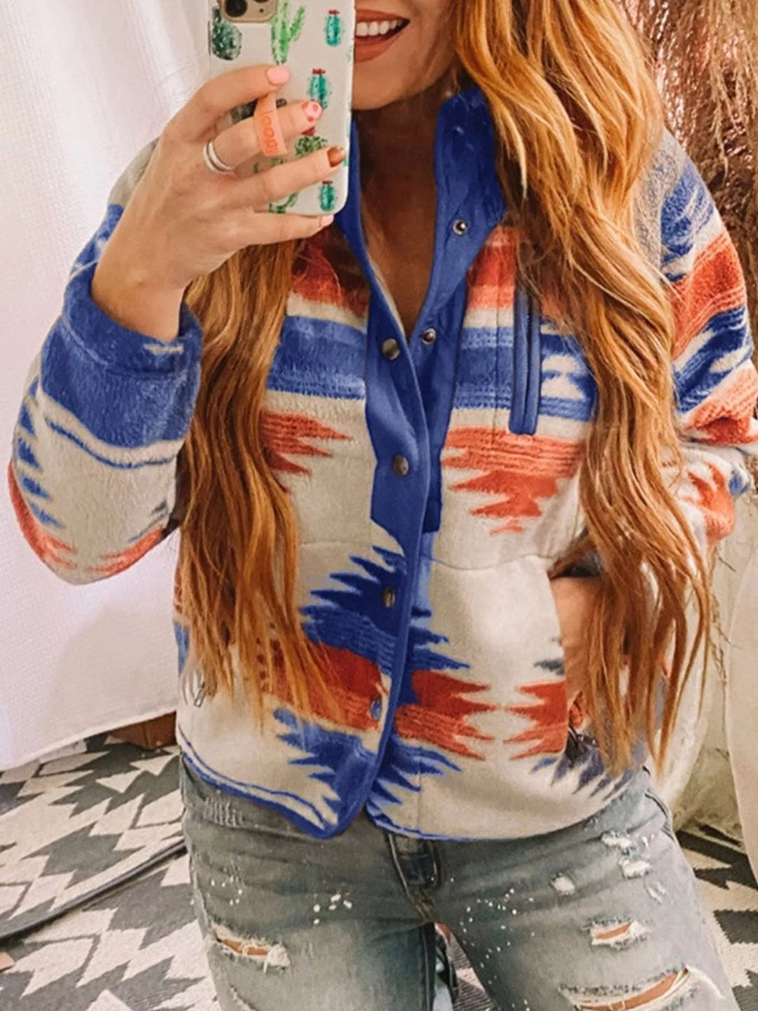 Blue Aztec print fleece snap-front jacket with zip chest pocket
