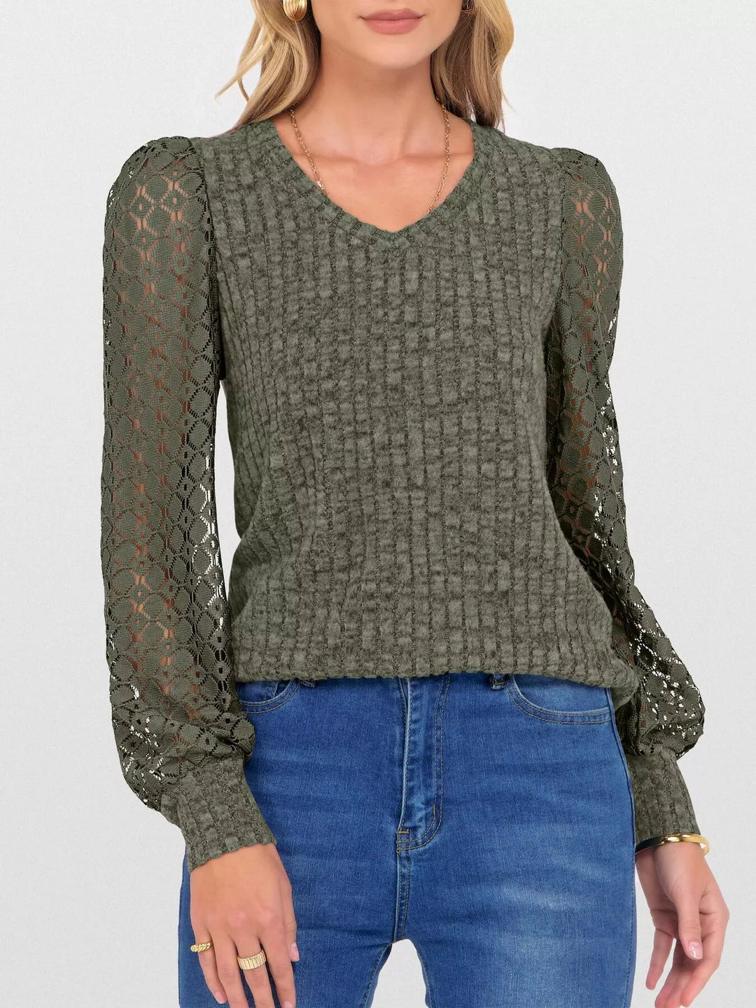 Army Green Sheer lace sleeve ribbed knit V-neck top