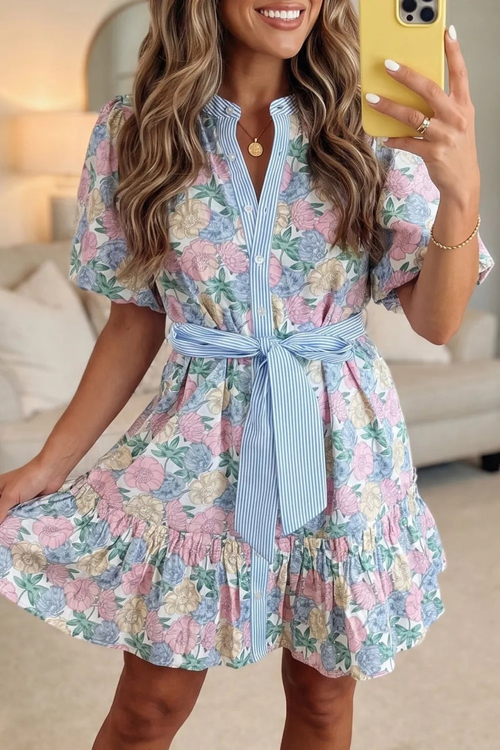 Floral Floral print striped contrast trim belted mini dress