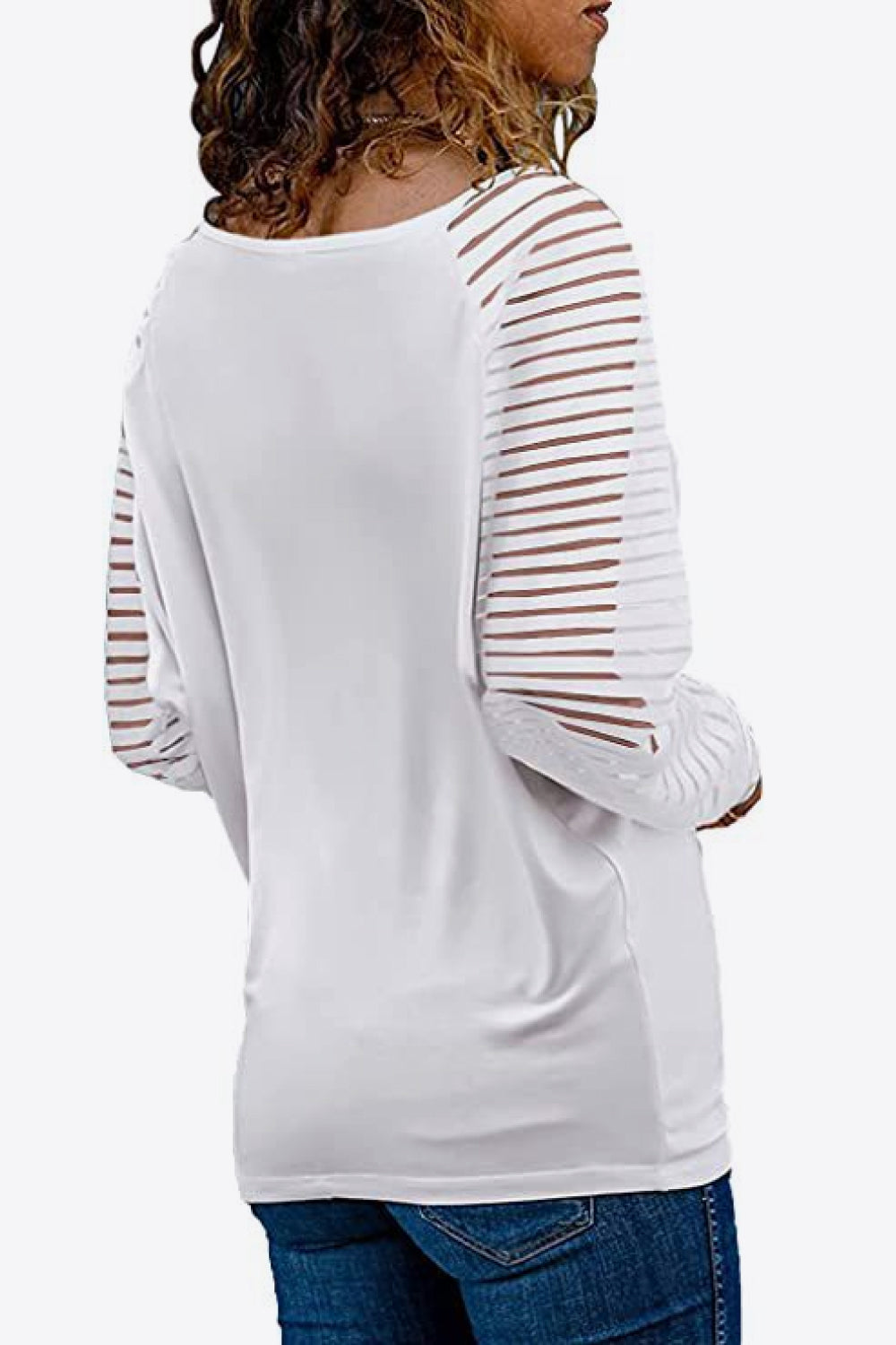 Semi-sheer striped raglan sleeve V-neck top