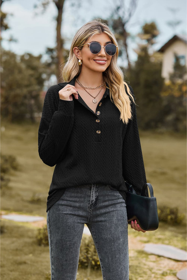 Textured knit collared top with half-button placket