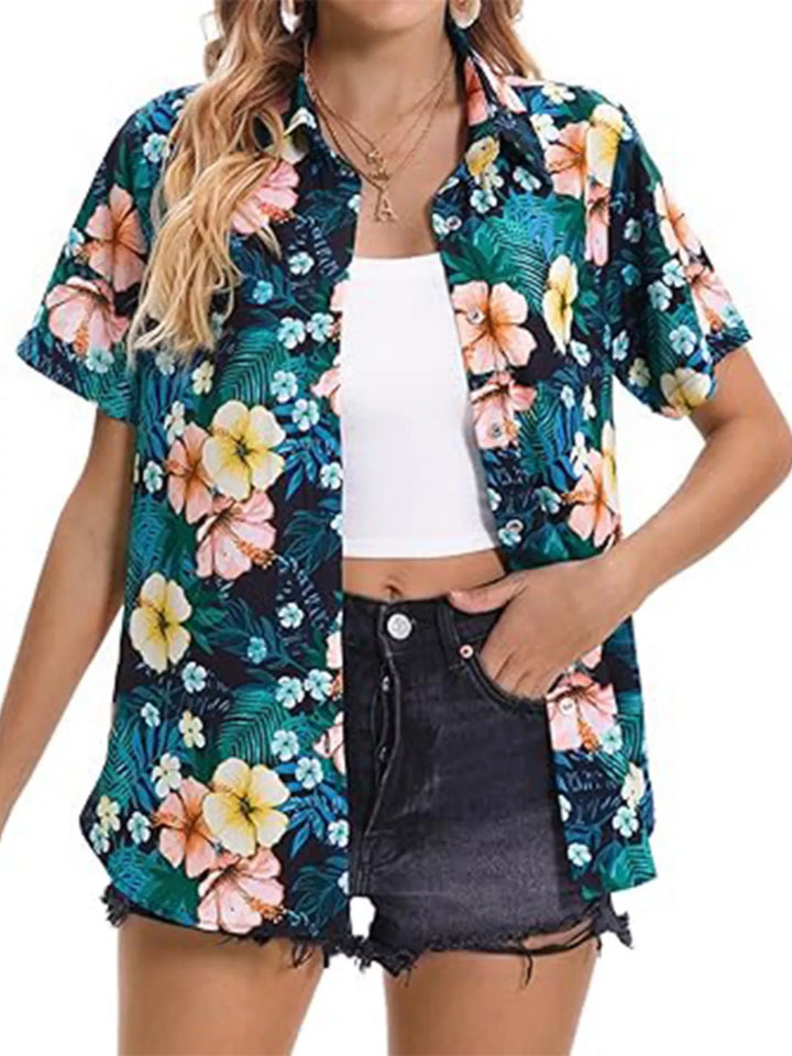 Tropical hibiscus print short sleeve button-up shirt