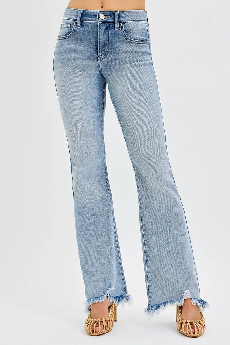 Mid-rise flare jeans with frayed raw hem and tummy control