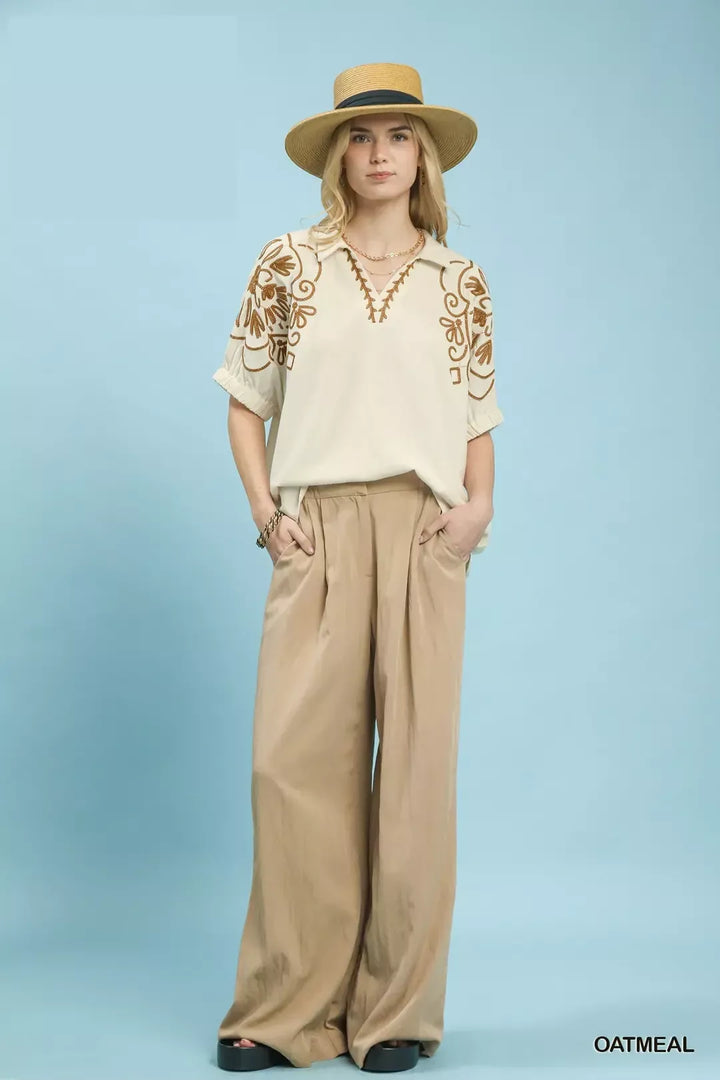 Floral embroidered puff sleeve blouse with split collar