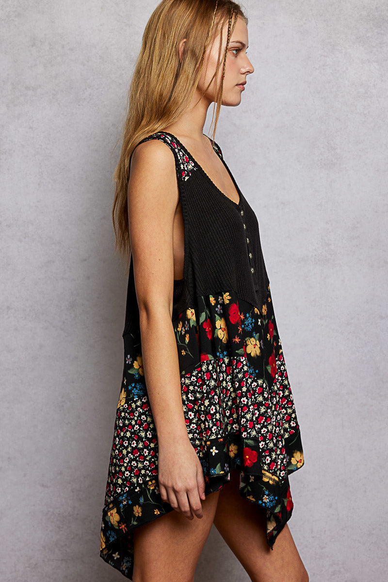 Ribbed swing tank with mixed floral print and button placket